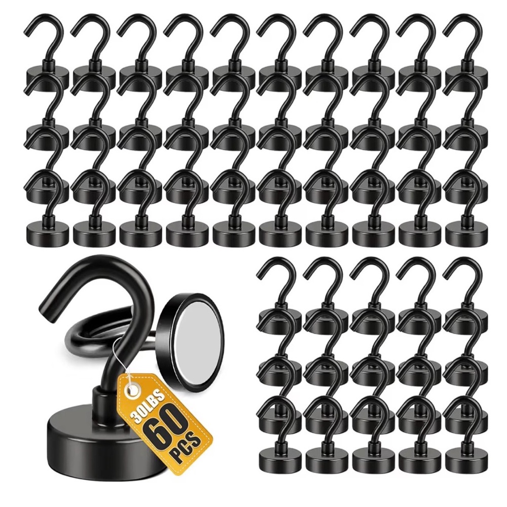 Magnetic Hook Set - 60 Pack Black Heavy-Duty Magnetic Hooks